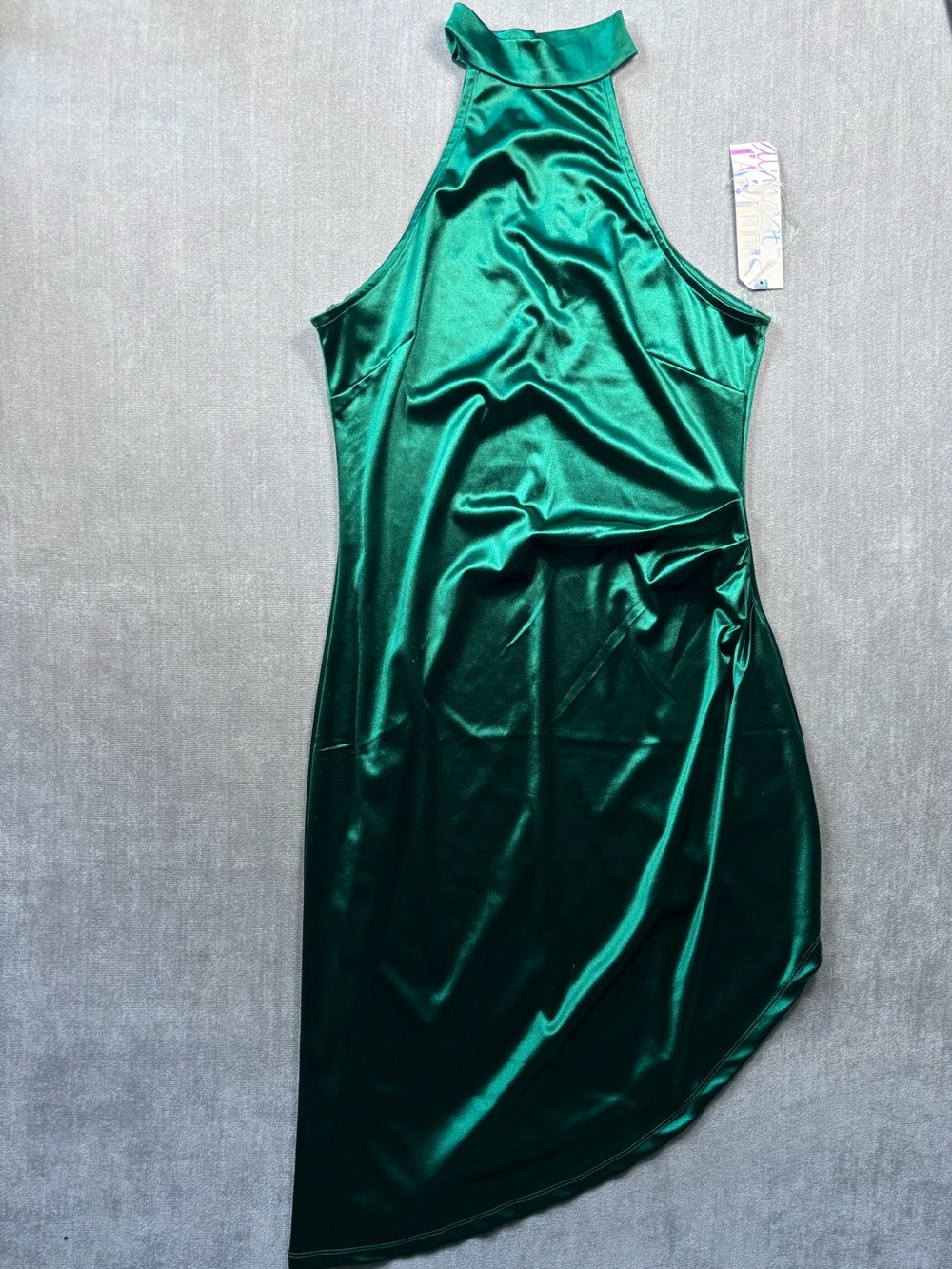Almost Famous Emerald Halter Asymmetrical Satin Dress
